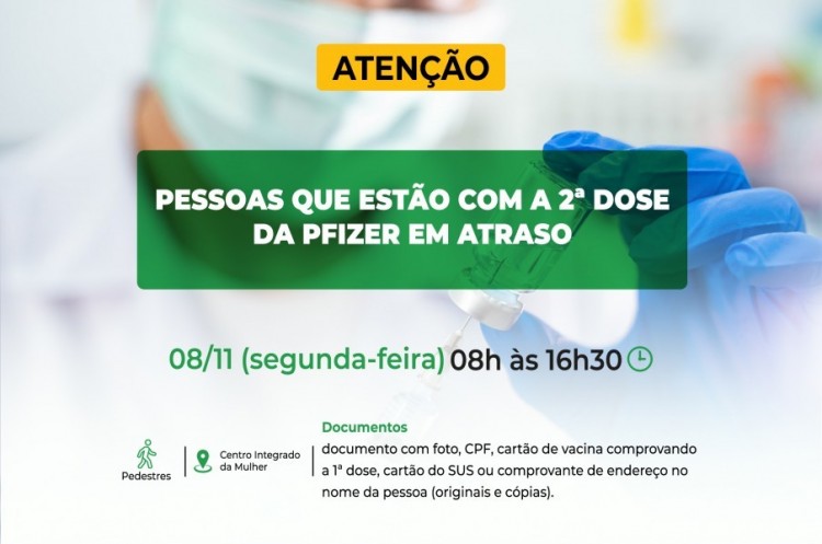 Saúde aplicará reforço para quem ainda não tomou a 2ª dose da PFIZER 