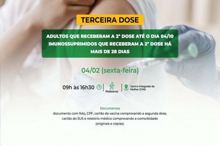 Saúde convoca imunossuprimidos e população adulta para receberem a Terceira Dose