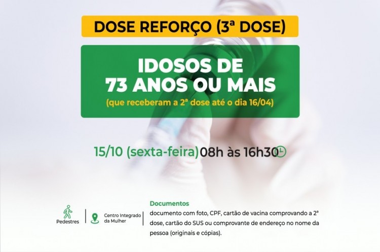 Saúde convoca idosos com 73 anos ou mais para receberem a terceira dose da vacina contra o coronavírus