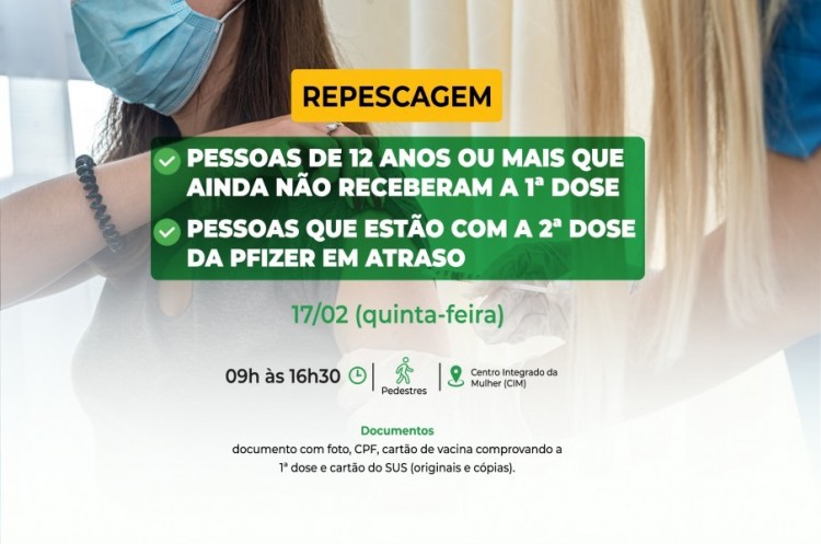 Repescagem: Saúde convoca população de 12 anos ou mais para receber a primeira dose