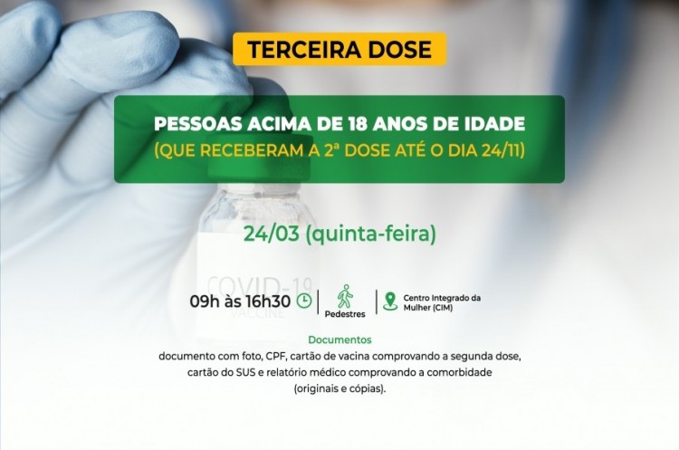 Saúde convoca população adulta para receber a Terceira Dose