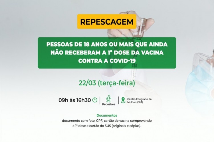 Repescagem: Saúde convoca população de 18 anos ou mais para receber a primeira dose