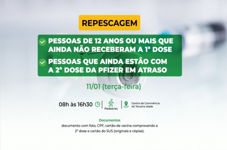 Repescagem: Saúde convoca população de 12 anos ou mais para receber a primeira dose