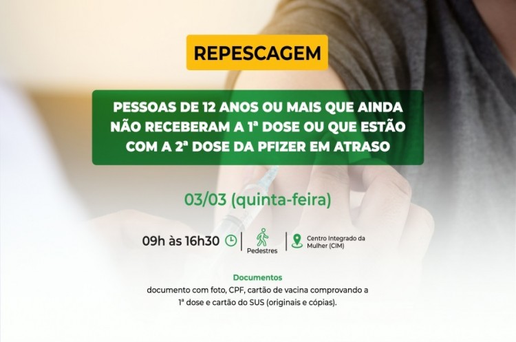 Repescagem: Saúde convoca população de 12 anos ou mais para receber a primeira dose