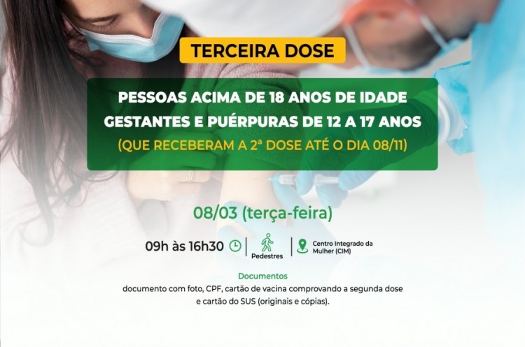 Saúde convoca gestantes e puérperas de 12 a 17 anos e população adulta para receberem a Terceira Dose