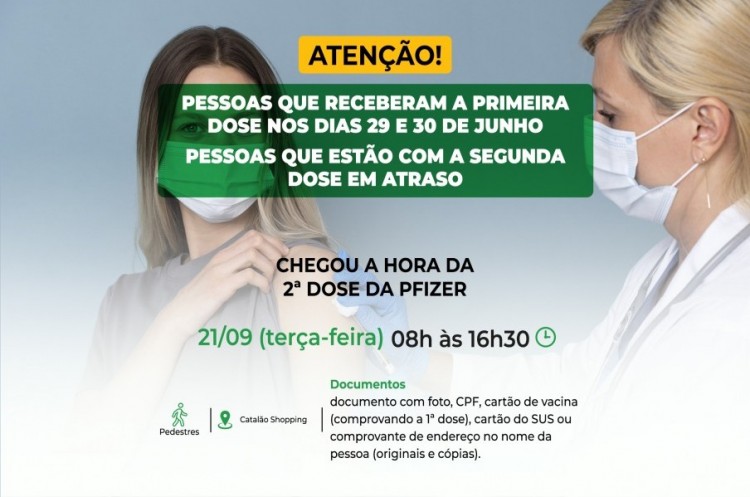 Segunda dose PFIZER: saúde aplicará reforço nesta terça para quem tomou a primeira dose nos dias 29 e 30 de Junho 