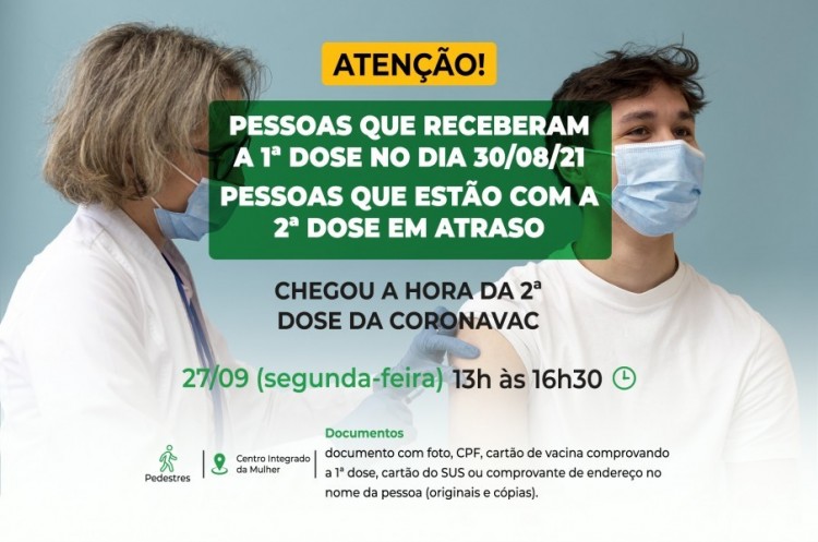 Segunda dose CORONAVAC: saúde aplicará reforço na próxima semana para quem tomou a primeira dose no dia 30 de Agosto