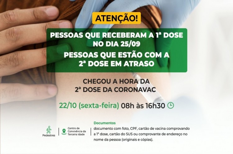 Segunda dose CORONAVAC: saúde aplicará reforço nesta sexta para quem tomou a primeira dose no dia 25 de setembro