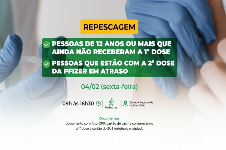 Repescagem: Saúde convoca população de 12 anos ou mais para receber a primeira dose