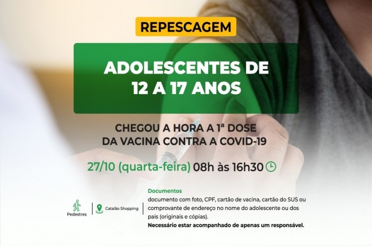 Repescagem Primeira dose Covid-19: Catalão vacinará população de 12 a 17 anos 