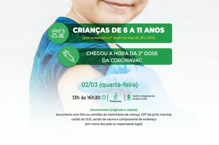 Covid-19: Crianças de 6 a 11 anos receberão a segunda dose da Coronavac na próxima quarta-feira (02)