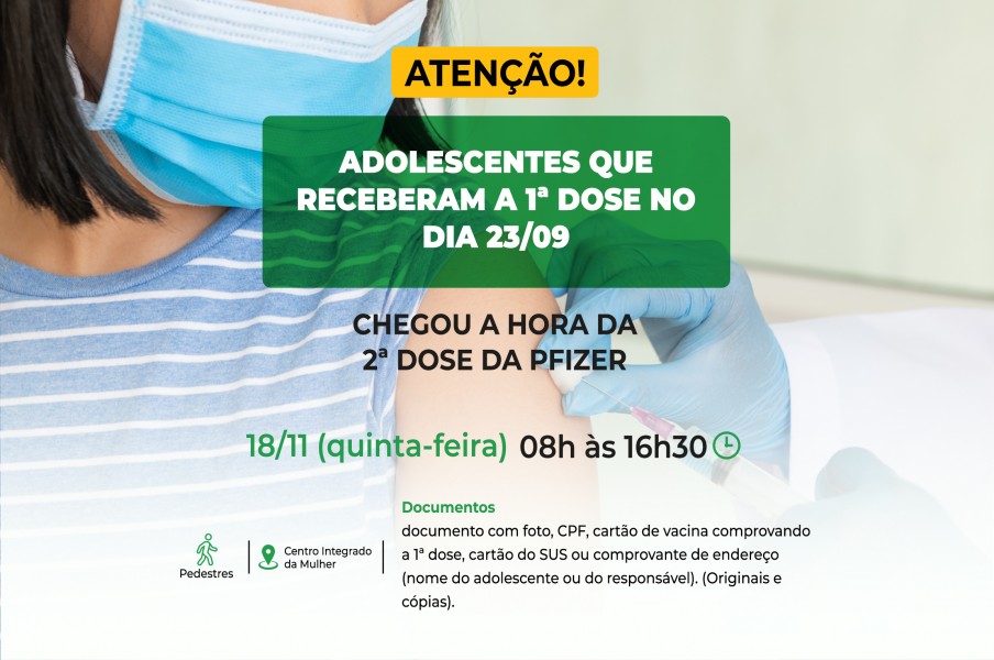 Saúde convoca adolescentes que receberam a primeira dose no dia 23 de Setembro 