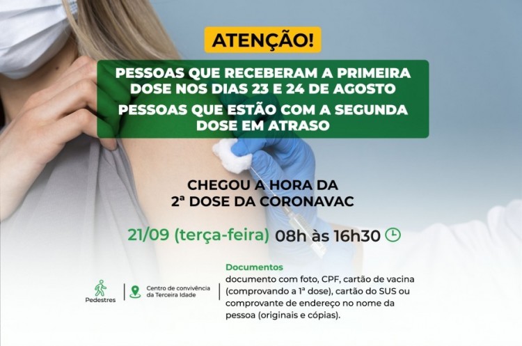 Segunda dose CORONAVAC: Saúde aplicará reforço nesta terça para quem recebeu a primeira dose nos dias 23 e 24 de agosto