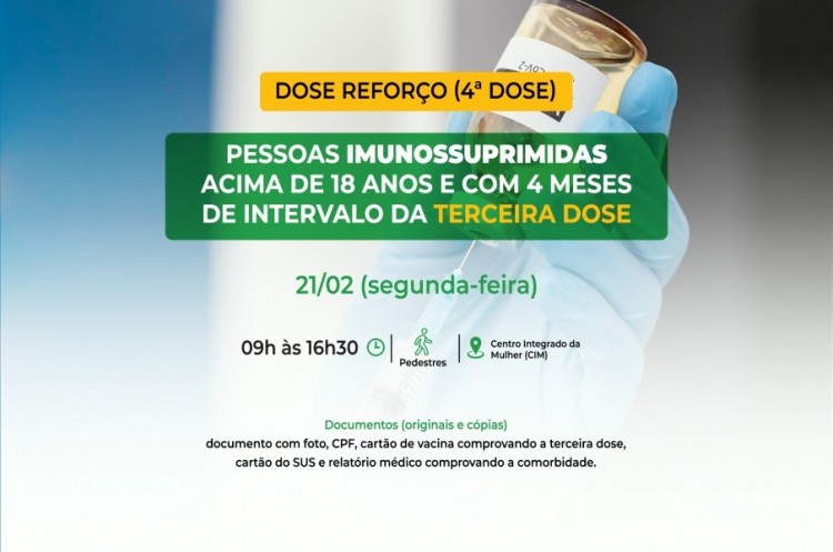 Saúde convoca imunossuprimidos para receberem Dose Reforço (4ª dose)