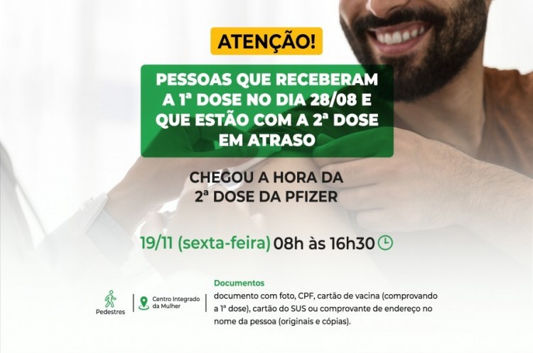 Saúde aplicará reforço para quem tomou a primeira dose no dia 28 de Agosto