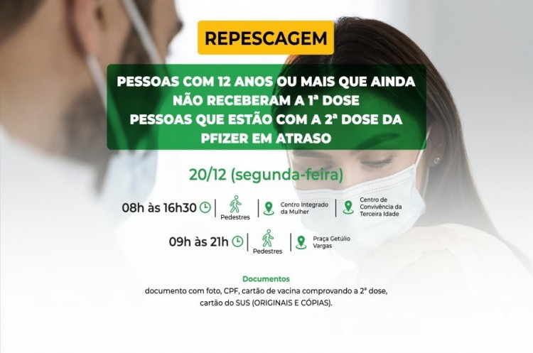 Saúde convoca pessoas de 12 anos ou mais para receberem a primeira dose