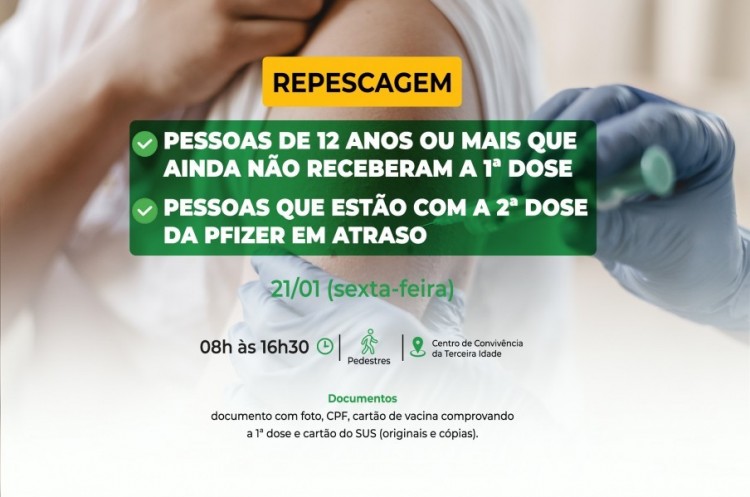 Repescagem: Saúde convoca população de 12 anos ou mais para receber a primeira dose