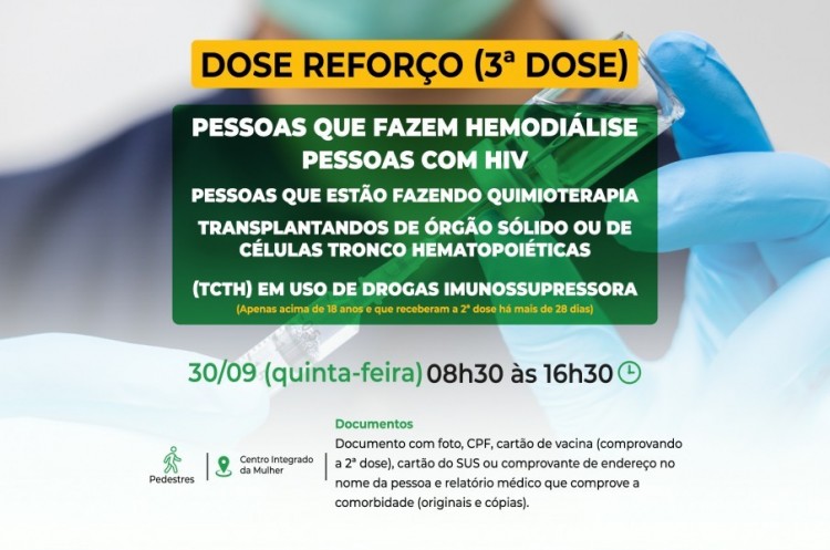 Saúde convoca pessoas para receberem a Terceira Dose