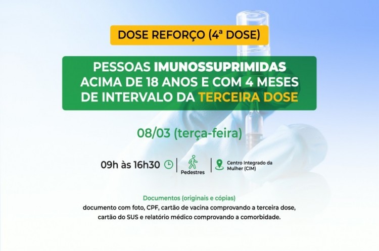 Saúde convoca imunossuprimidos para receberem Dose Reforço (4ª dose)