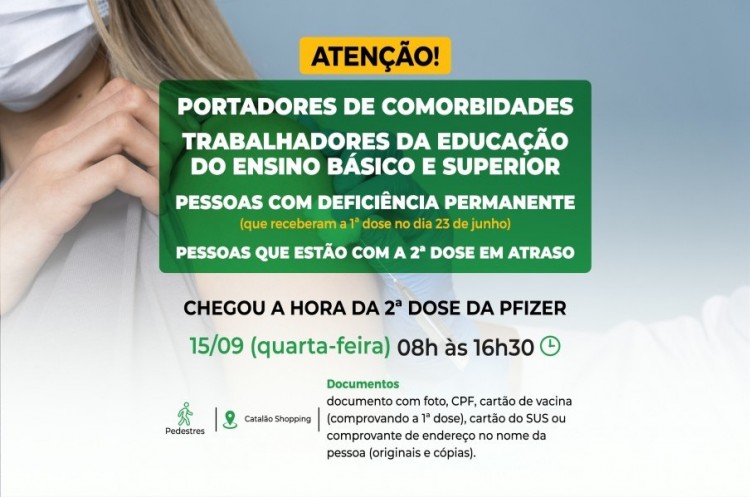 Portadores de comorbidades, pessoas com deficiência permanente e trabalhadores da educação do ensino básico e superior receberão reforço da Pfizer nesta quarta