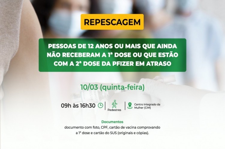 Repescagem: Saúde convoca população de 12 anos ou mais para receber a primeira dose