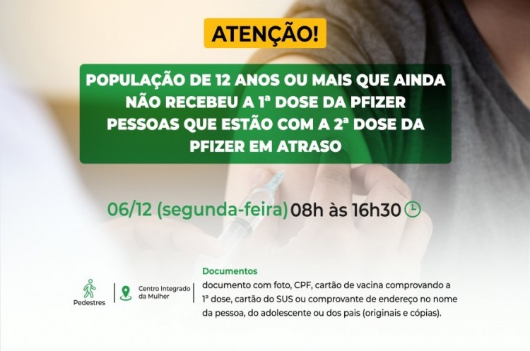 Saúde convoca população de 12 anos ou mais para receber a primeira dose