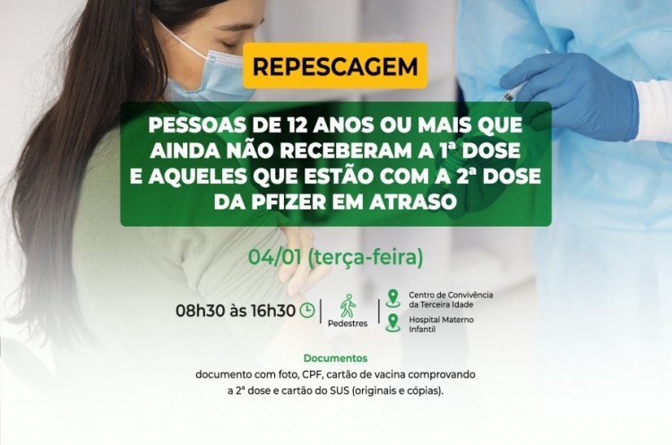 Repescagem: Saúde convoca população de 12 anos ou mais para receber a primeira dose