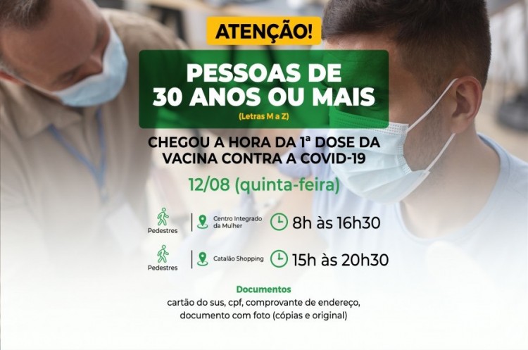 Catalão abrirá vacinação para pessoas com 30 anos ou mais e letra inicial do nome de M a Z