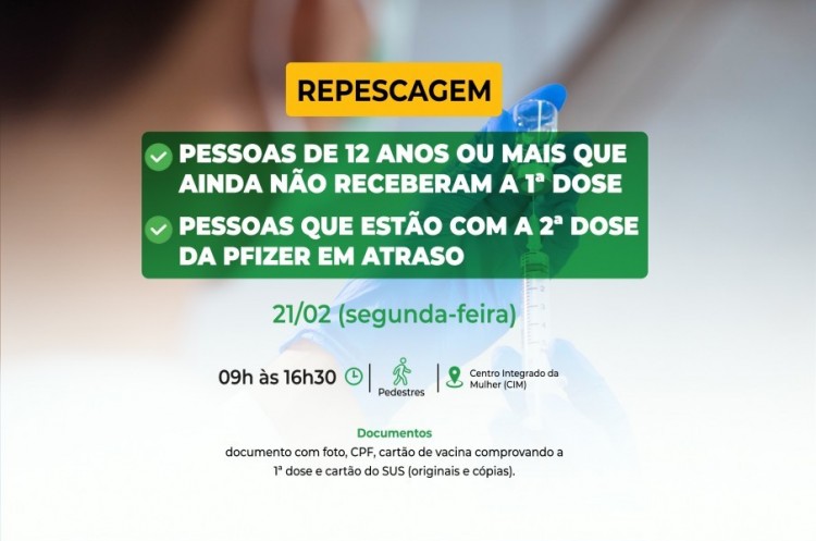 Repescagem: Saúde convoca população de 12 anos ou mais para receber a primeira dose