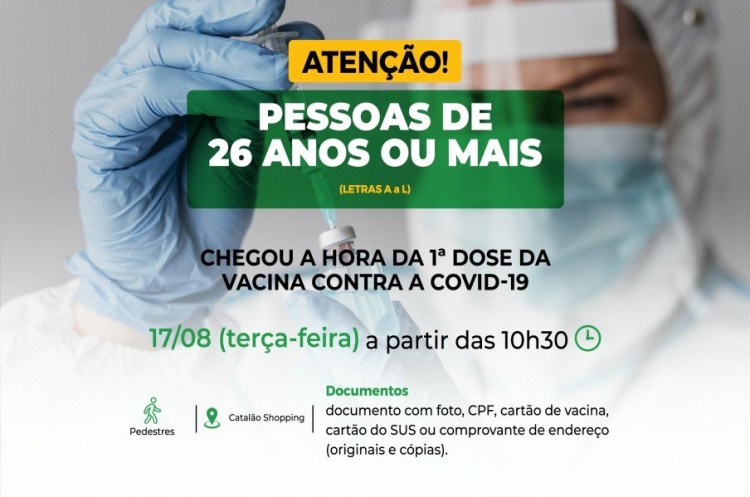 Catalão abrirá vacinação para pessoas com 26 anos ou mais e letra inicial do nome de A a L