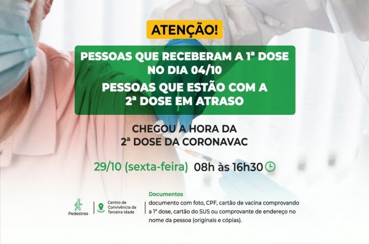 Segunda dose CORONAVAC: saúde aplicará reforço para quem tomou a primeira dose no dia 04 de outubro