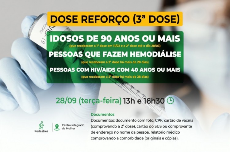 TERCEIRA DOSE: Saúde convoca idosos com 90 anos ou mais, pessoas que fazem hemodiálise e pessoas com HIV/AIDS com 40 anos ou mais para receberem novo reforço da vacina contra a covid-19