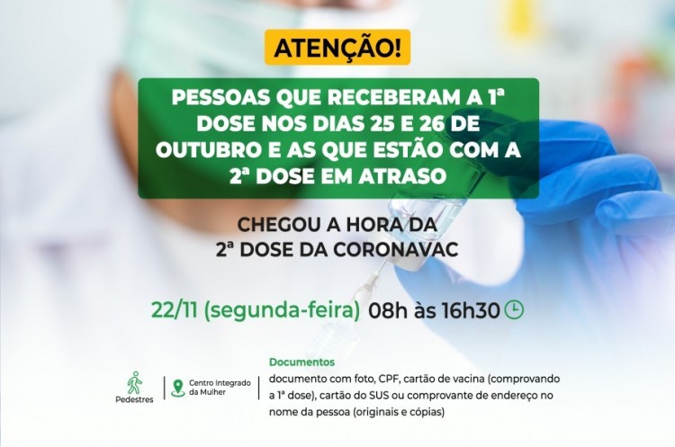 Saúde aplicará reforço para quem tomou a primeira dose nos dias 25 e 26 de Outubro