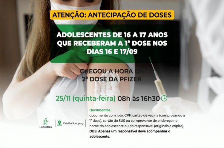 Saúde aplicará reforço em adolescentes de 16 a 17 anos