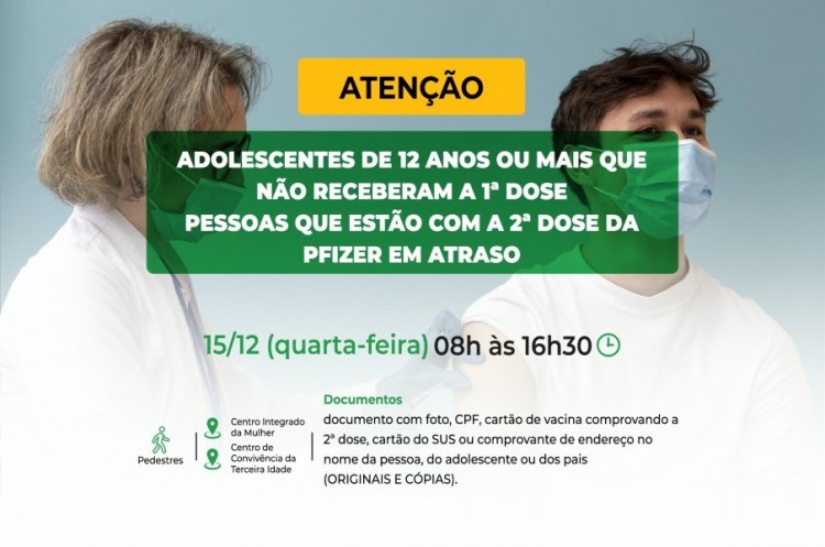 Saúde convoca população de 12 anos ou mais para receber a primeira dose