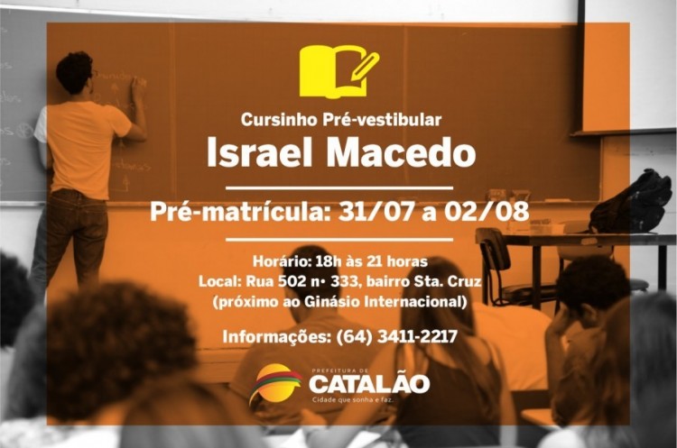 Cursinho Israel Macedo abre período de pré-matrículas na próxima semana
