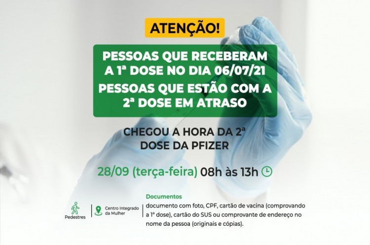 Segunda dose PFIZER: saúde aplicará reforço na próxima semana para quem tomou a primeira dose no dia 06 de Julho  O chamado vale também para aqueles que estão com a segunda dose em atraso.