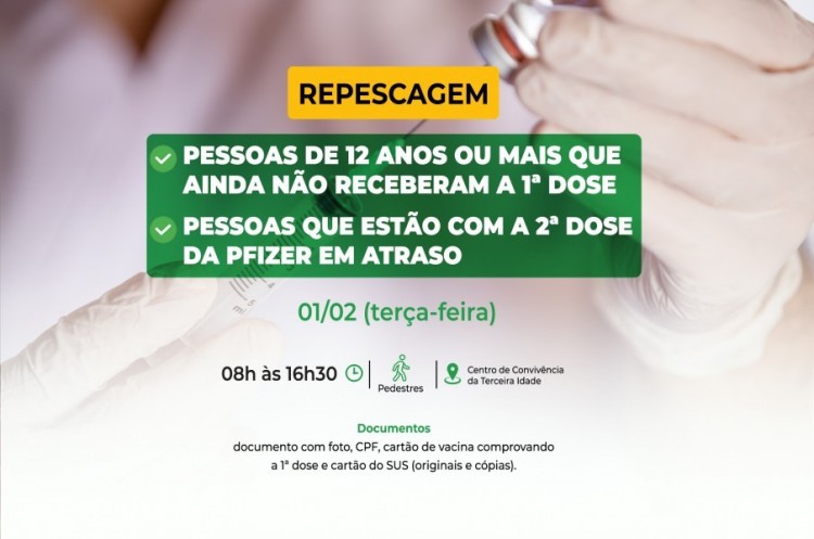 Repescagem: Saúde convoca população de 12 anos ou mais para receber a primeira dose