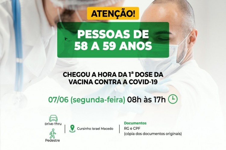 Covid-19: vacinação para população de 58 e 59 anos continuará na próxima segunda 