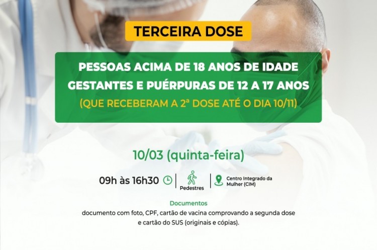 Saúde convoca gestantes e puérperas de 12 a 17 anos e população adulta para receberem a Terceira Dose