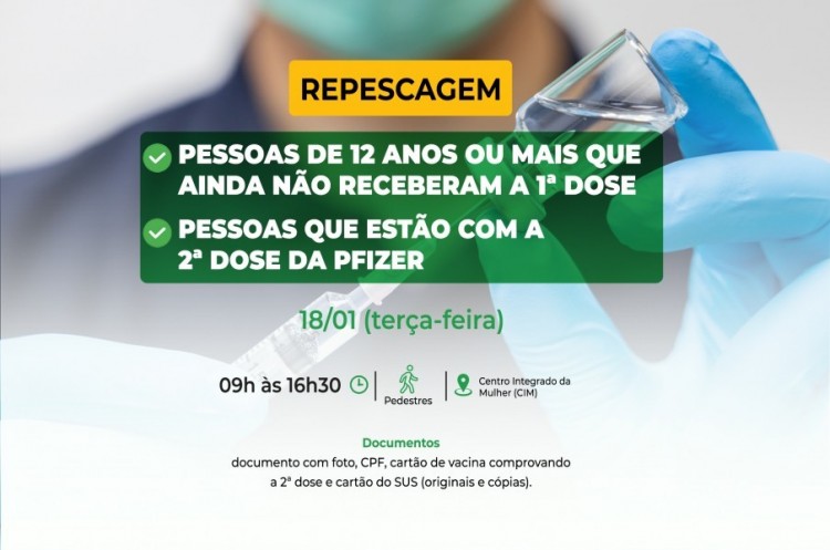 Repescagem: Saúde convoca população de 12 anos ou mais para receber a primeira dose