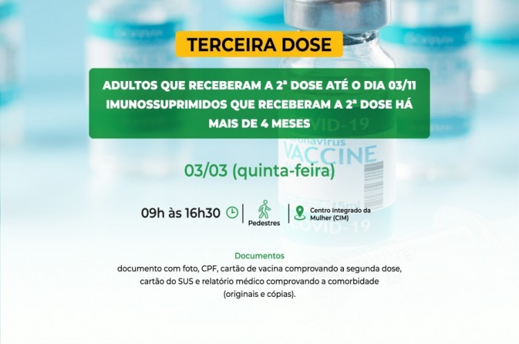 Saúde convoca imunossuprimidos e população adulta para receberem a Terceira Dose