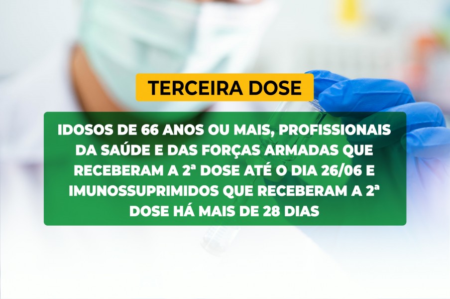 Saúde convoca idosos de 66 anos ou mais, profissionais da saúde, profissionais das forças armadas e pessoas com alto grau de imunossupressão para receberem a Terceira Dose da vacina contra o coronavírus