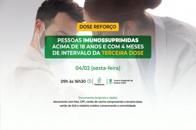 Saúde convoca imunossuprimidos para receberem Dose Reforço (4ª dose)