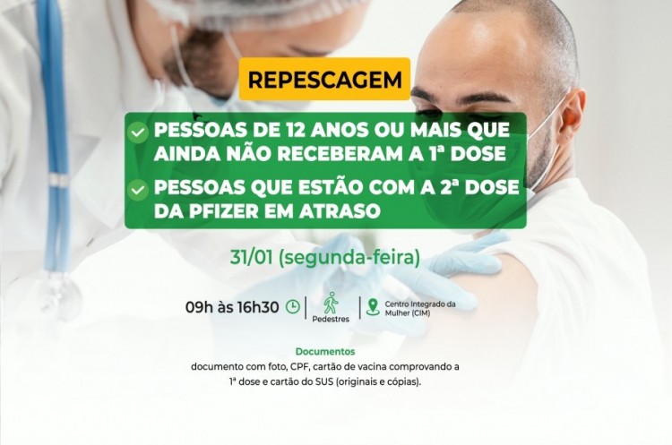 Repescagem: Saúde convoca população de 12 anos ou mais para receber a primeira dose