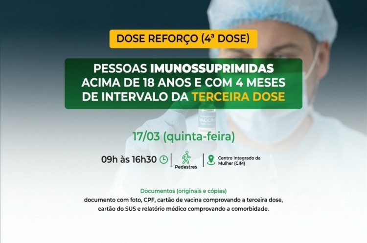 Saúde convoca imunossuprimidos para receberem Dose Reforço (4ª dose)