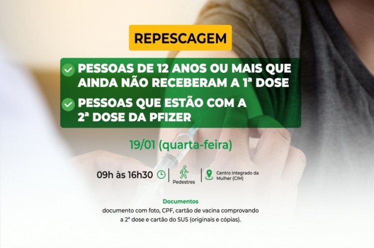 Repescagem: Saúde convoca população de 12 anos ou mais para receber a primeira dose