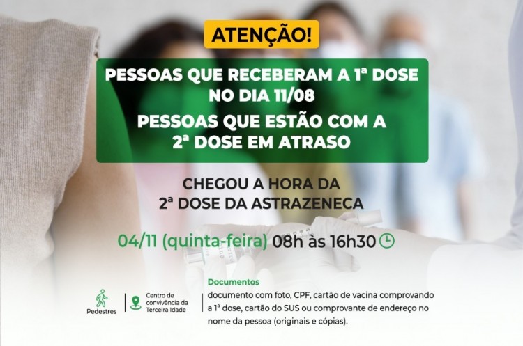 Saúde convoca pessoas que receberam a primeira dose no dia 11 de Agosto Imunização também valerá para quem está com o reforço em atraso.  Aplicação será nesta quinta.