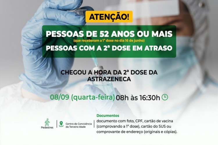 COVID-19: População com 52 anos ou mais e pessoas com segunda dose em atraso receberão reforço da AstraZeneca na próxima semana