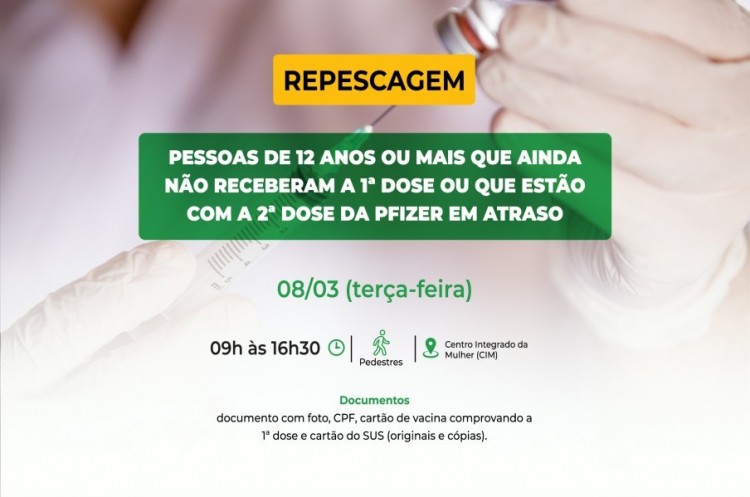 Repescagem: Saúde convoca população de 12 anos ou mais para receber a primeira dose